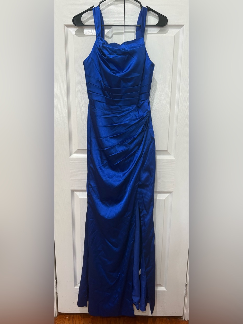 Royal Blue Satin Cowl Neck Prom Gown